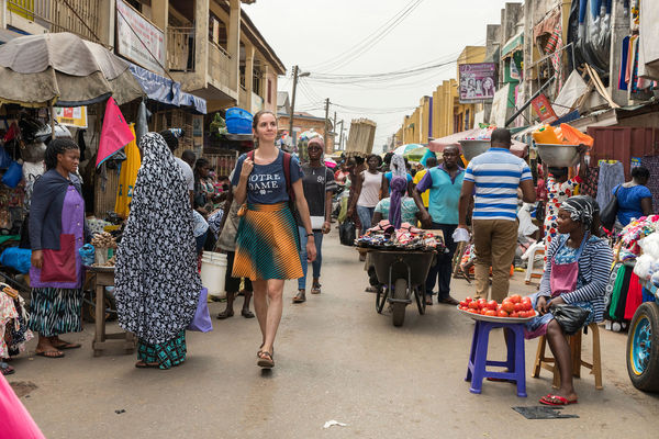 Student at the Keough School shops at the Madina Market just outside Accra in Ghana